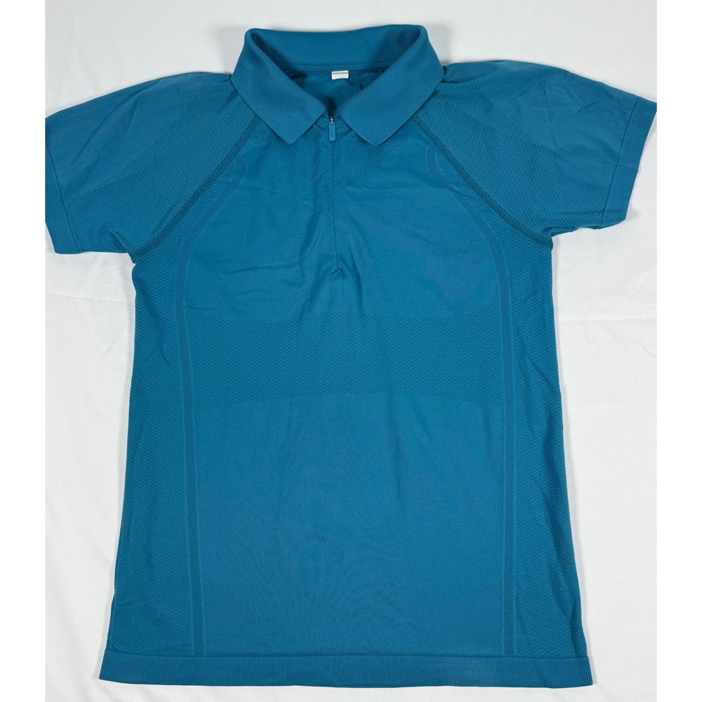 Athleta Momentum Seamless Polo Shirt Teal Blue Quarter Zip Short Sleeve Small
